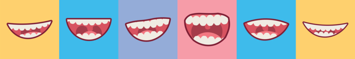 Set of smiling mouths with teeth on colorful background