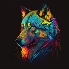 Beautiful Wolf Illustration, Rainbow Colorful. Generative AI