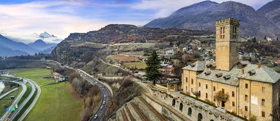 Foto op Canvas Italy, Valle d'Aosta region famous with medieval historic castles. Scenic Sarre village and beatiful castle aerial drone view © Freesurf