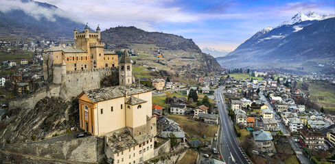 Italy, Valle d'Aosta region famous with medieval historic castles. Scenic Saint-Pierre town and...