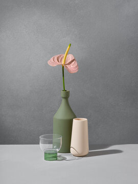 Still life, minimalist vase with anthurium flower
