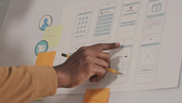 Close up shot of hands of man pointing at mobile app wireframe sketches on flipchart while giving presentation in office