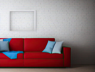 Blank poster frame mock up on white bricks wall in  living room interior, red sofa, 3d rendering