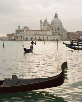 Beautiful landscape of Venice and the silhouettes of gondolas