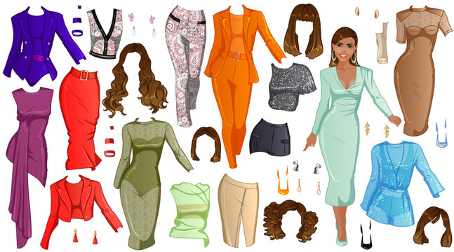 Runway Model Paper Doll with Beautiful Woman, Outfits, Hairstyles and Accessories. Vector Illustration