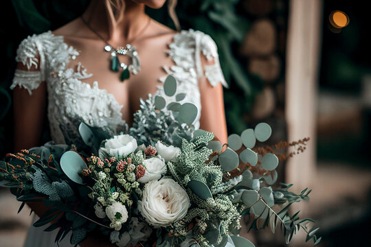 Blissful bride in white holding a charming bridal bouquet of eucalyptus and white flowers - Generative Ai