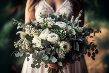 Graceful bride clutching a bouquet of green eucalyptus and white flowers - Generative Ai
