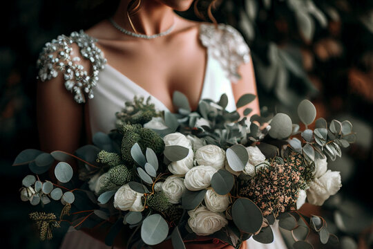 Beautiful bride in a white gown cradling a bouquet of eucalyptus and white flowers - Generative Ai