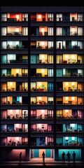 Colorful High-Rise Apartment Building With Windows and People. Generative AI.