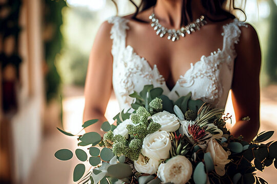 Bride in white wedding dress holding a splendid bridal bouquet - Generative Ai