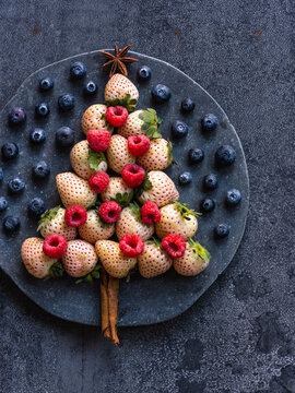 pineberry and raspberry Christmas tree with a blueberry sky