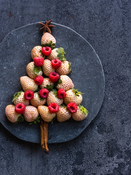 pineberry and raspberry Christmas tree with a blueberry sky