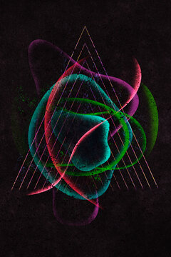 Colorful shapes, pink, blue, purple and green lines with retro n