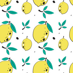 Obraz na płótnie Canvas Seamless pattern of vector lemons on white background. Yellow lemons. Summer fruit pattern.