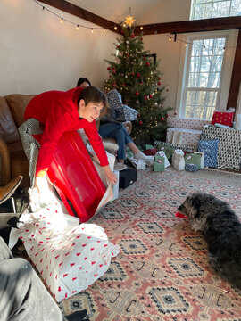 UGC Christmas morning, happy pre teen getting sled