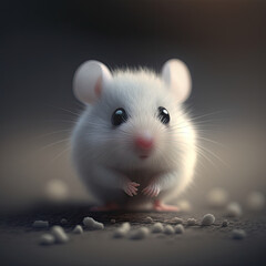 close up of a cute white mouse with food on the floor, Generative AI