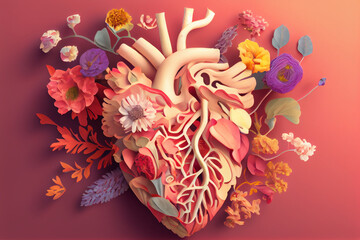 Human heart made of colorful flowers and petals on pastel background. Generative AI