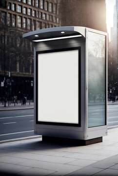public advertisement board space on glass booth in the street as empty blank white mockup signboard copy space area