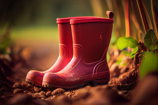 Red Rubber Boots In Garden, Spring Gardening Concept Background. Generative AI