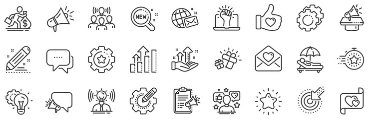 Business strategy, Megaphone and Representative. Brand social project line icons. Influence campaign, social media marketing, brand ambassador icons. Innovation, gift, like sign. Vector