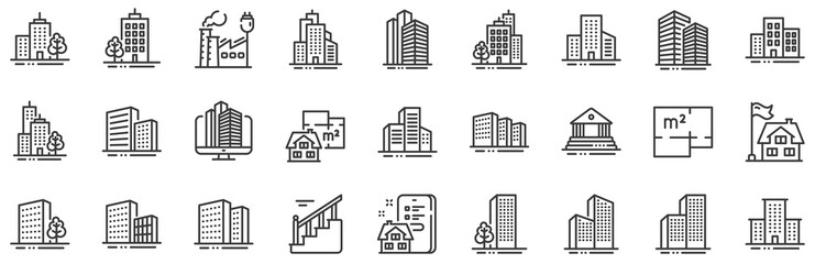 Bank, Hotel, Courthouse. Buildings line icons. City, Real estate, Architecture buildings icons. Hospital, town house, museum. Urban architecture, city skyscraper, downtown. Vector