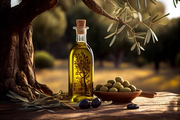 Tapeten Olie oil bottle and fresh green olives on wooden board under olive tree at sunny day. Generative AI © marcin jucha