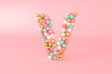 Letter V made of glass balls, pastel pearls, crystal jewels and gold.