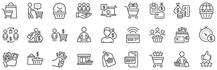 Contactless payment card, shopping cart and group of people. Buyer customer line icons. Store, buyer loyalty card, client ranking set icons. Shopping timer, phone payment, currency. Vector - obrazy, fototapety, plakaty