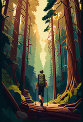 Adventure hiker in great outdoor, poster style. Generative AI