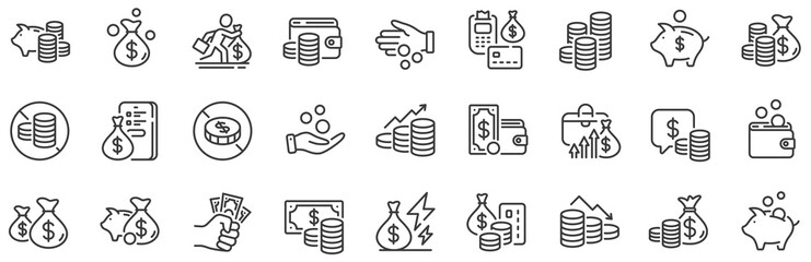 Cash money, Donation coins, Give tips icons. Coins line icons. Piggy bank, Business income, Loan. Money savings, give coin, cash tips. Investment profit, growth chart, financial crisis. Vector