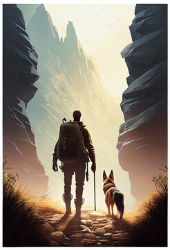 Adventure seeking backpacker hiking with dog on mountains trial, generative ai