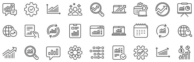 Set of Chart, Report document and Graph icons. Analytics, Statistics line icons. Data analytics, Presentation chart and Communication. Global Statistics, hold document and checklist report. Vector