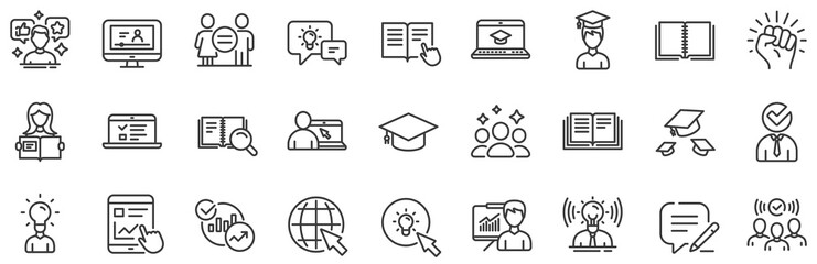 Laptop, Book and Video Tutorial icons. Education line icons. Graduation cap, Instructions and Presentation. College education or Lectures book, Charts and Idea. Laptop, video tutorial. Vector