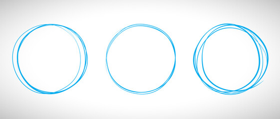 Blue circle line hand drawn set. Highlight hand drawing circle isolated on background. Round handwritten circle. For marking text, note, mark icon, number, marker pen, pencil and text check, vector