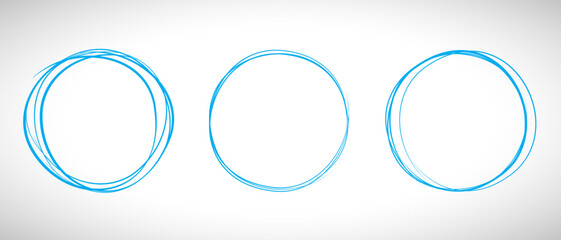 Blue circle line hand drawn set. Highlight hand drawing circle isolated on background. Round handwritten circle. For marking text, note, mark icon, number, marker pen, pencil and text check, vector