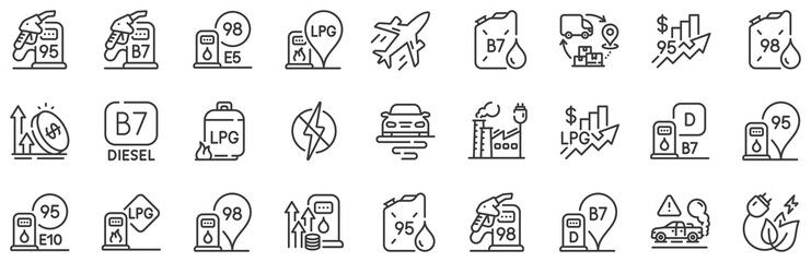 Petrol canister, B7 diesel fuel and gas cylinder set. Filling station line icons. Lpg, fuel filling station and 95 petrol canister line icons. Liquefied gas, rising prices and oil energy. Vector