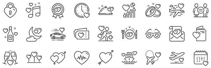 Wedding car, marriage rings, love. Honeymoon line icons. Bridal champagne, Valentine heart icons. Couple tickets, honeymoon travel, married night. Wedding music, love lock. Vector