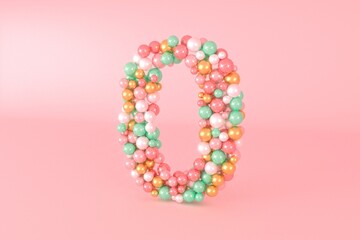 Number 0 made of glass balls, pastel pearls, crystal jewels and gold.