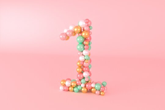 Number 1  made of glass balls, pastel pearls, crystal jewels and gold.