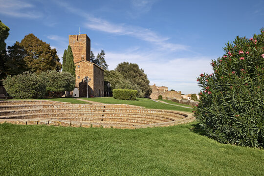 Tuscania, Viterbo, Lazio, Italy:  the public park Torre di Lavello with the medieval tower in the downtown of the ancient Italian town founded in Etruscan times