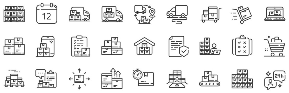 Warehouse manager, Wholesale stock, Goods checklist. Inventory line icons. Delivery logistic, Box shelf, Warehouse distribution outline icons. Wholesale freight, Storage and Inventory operator. Vector