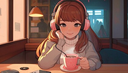 a beautiful girl is listening to music by a headphone in a cozy cafe, chilled, colorful, manga style illustration. - obrazy, fototapety, plakaty