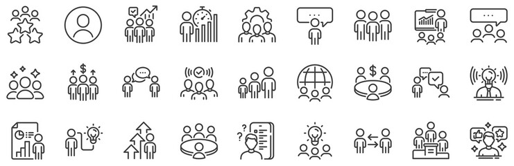 Conference, seminar, classroom. Meeting line icons. Team, work and business idea icons. Discussion, classroom job, people management. Presentation, office meeting, consultation. Vector