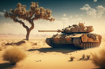 Fototapeta premium Illustration of a military tank in the desert. AI generated art. 