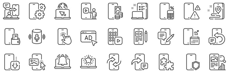Smartphone device, phone report and download app set. Mobile apps line icons. Finger touch, mobile payment and phone device app line icons. Calculate report, smartphone code, chat message. Vector