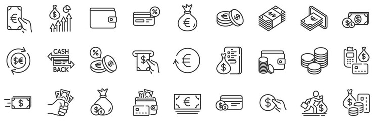 Plakat Set of Credit card, Cash and Coins icons. Money wallet line icons. Banking, Currency exchange and Cashback service. Wallet, Euro and Dollar money, credit card. Cash exchange, bank payment. Vector