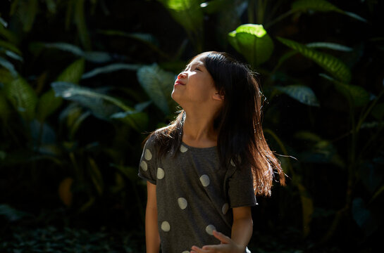Asian girl in southeast asian yard with morning sunlight