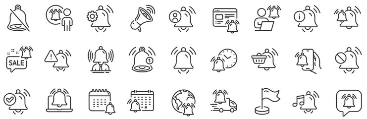 Alarm Clock, Calendar Reminder, Notification Bell. Notification line icons. User Message Alarm, Phone ring, Sale offer line icons. Time reminder, Delivery notification and calendar bell. Vector