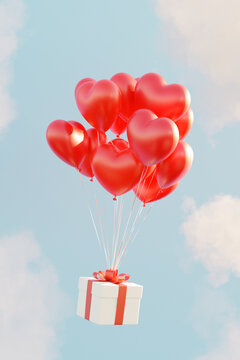 Gift floating in sky. Red heart balloons. Love/Valentine's concept.