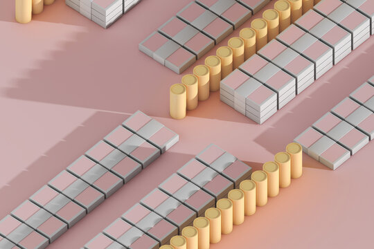 Rows of bills and coins on pink background